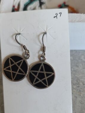 Silver Pentagram Dangle Earrings with Black Onyx Inlay On Sterling Silver.